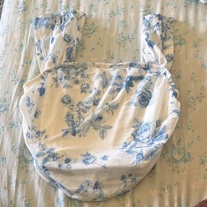 Blue Floral Cotton Tote Bag with Cream Background